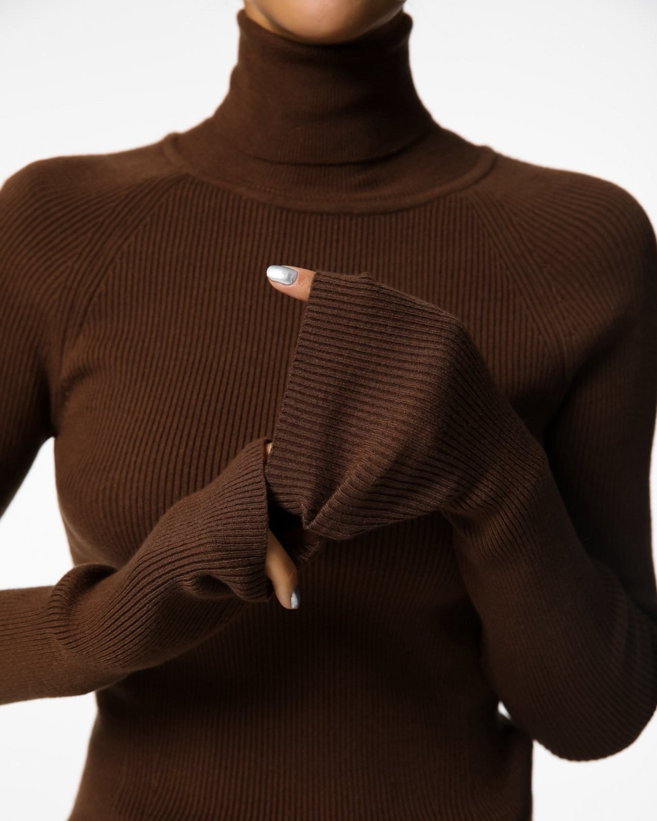 Turtleneck Ribbed Knit Top Brown