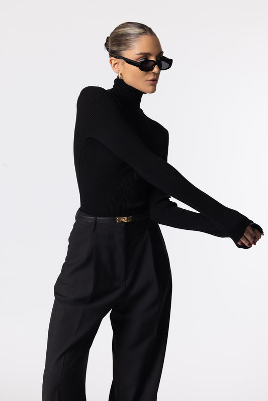 Turtleneck Ribbed Knit Top Black