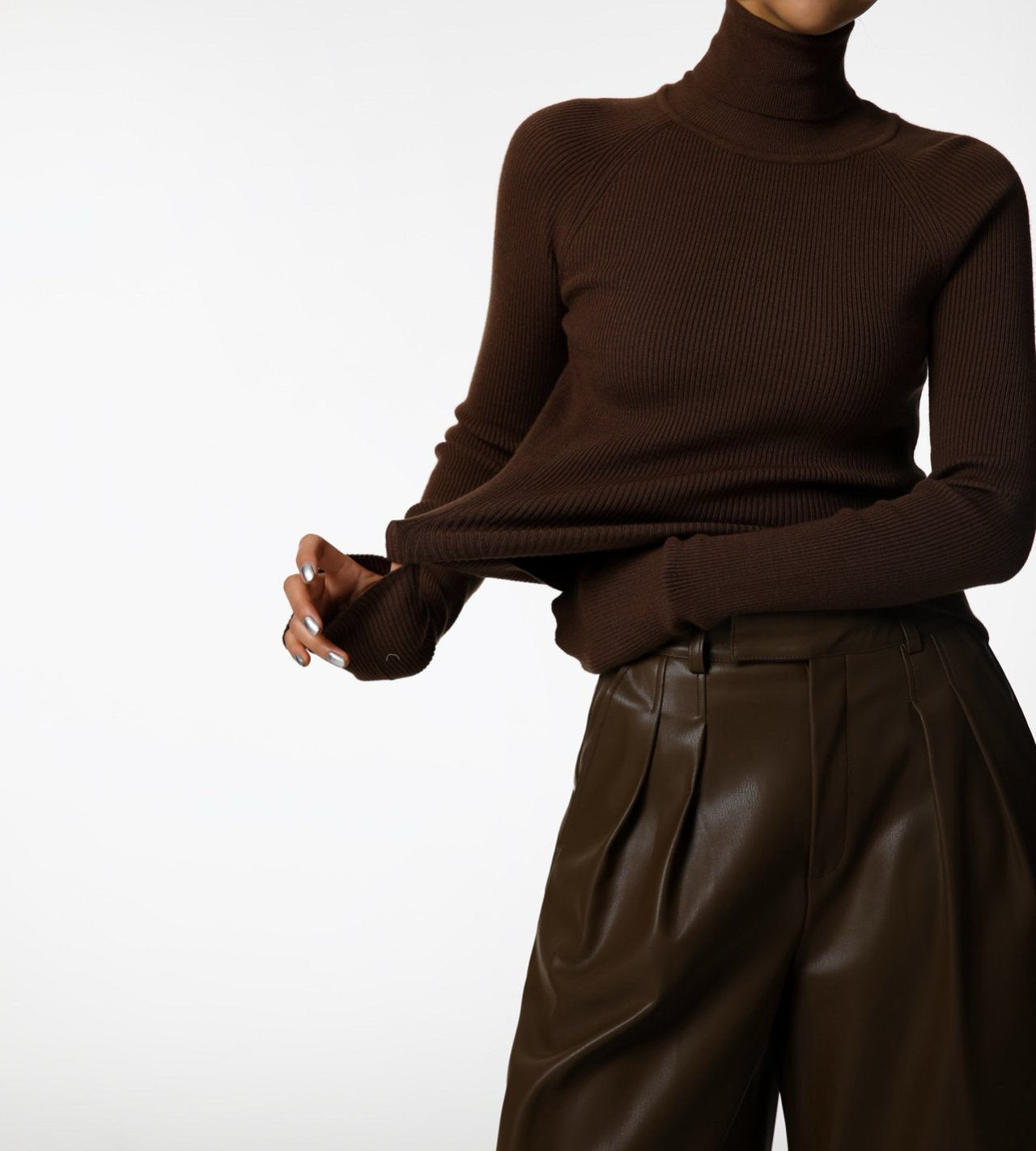 Turtleneck Ribbed Knit Top Brown