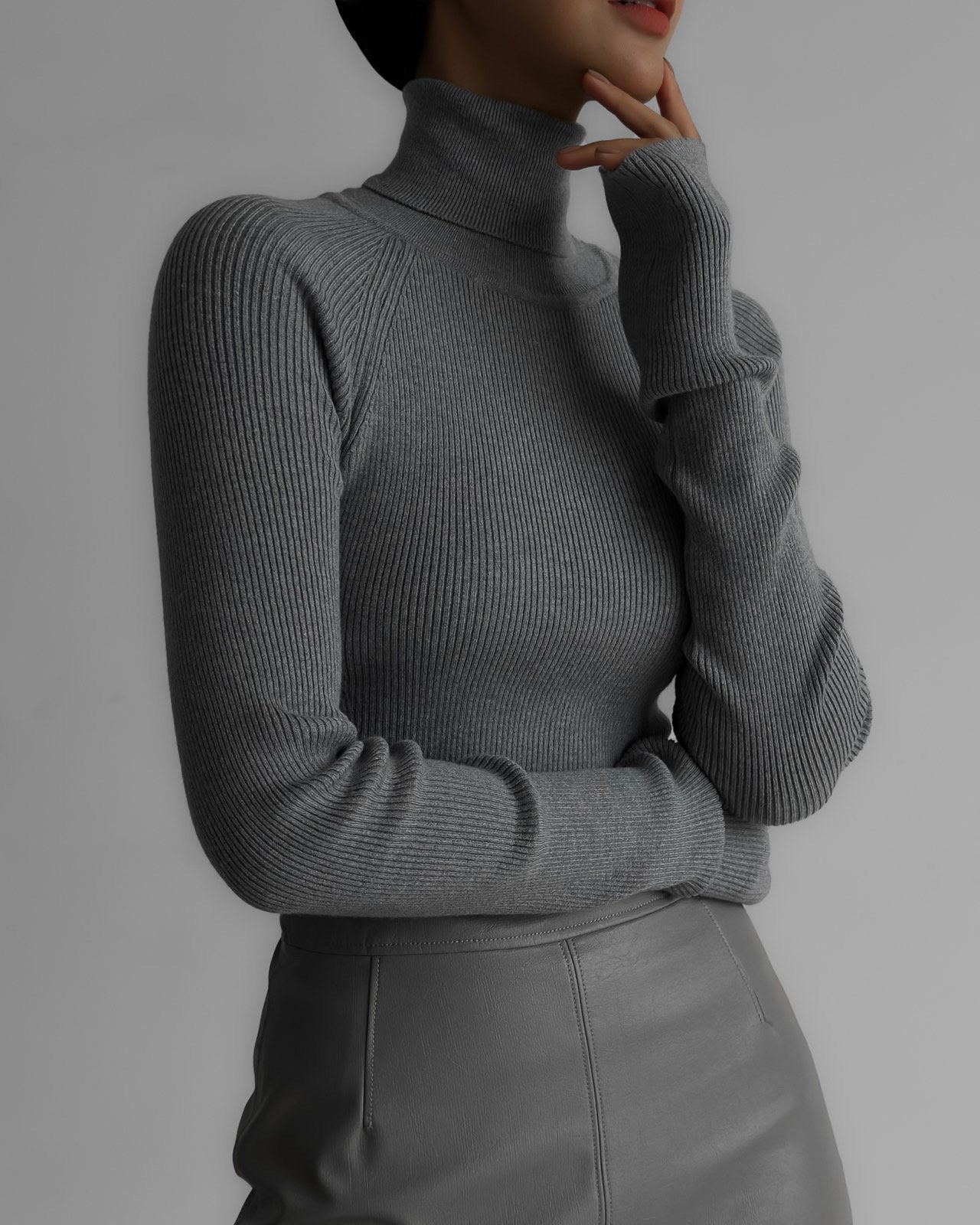 Turtleneck Ribbed Knit Top Grey