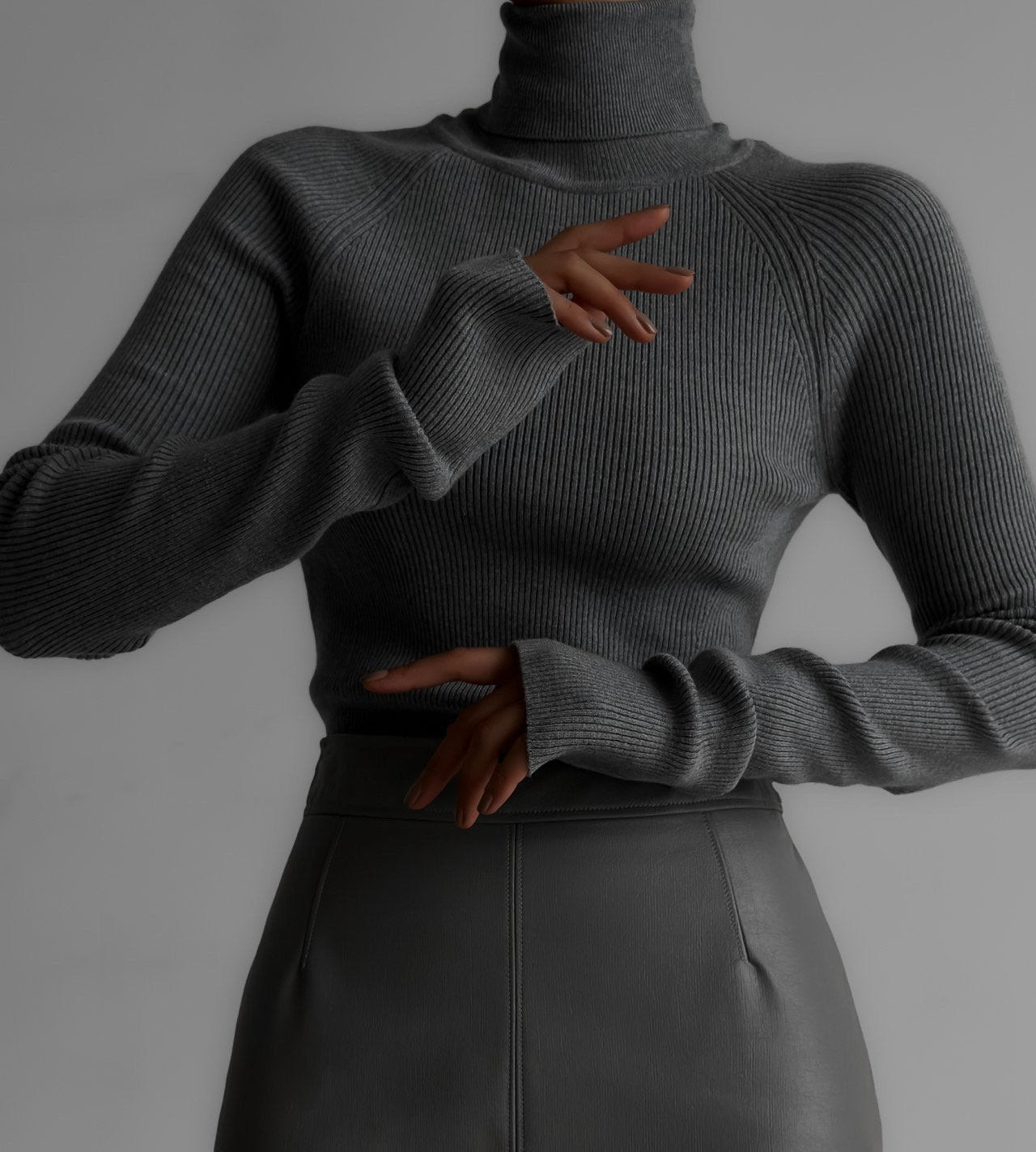 Turtleneck Ribbed Knit Top Grey