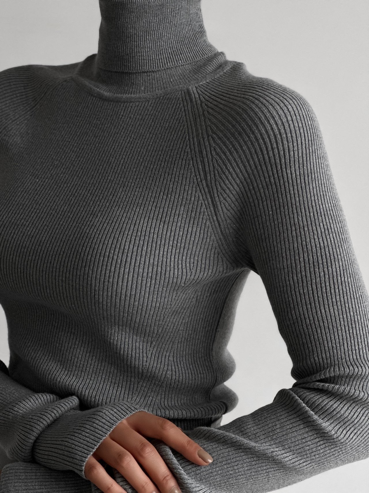 Turtleneck Ribbed Knit Top Grey